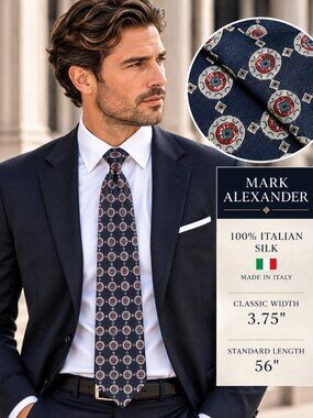 Mark Alexander 100% Italian Silk Tie Navy Medallion Geometric Mens Necktie Luxe